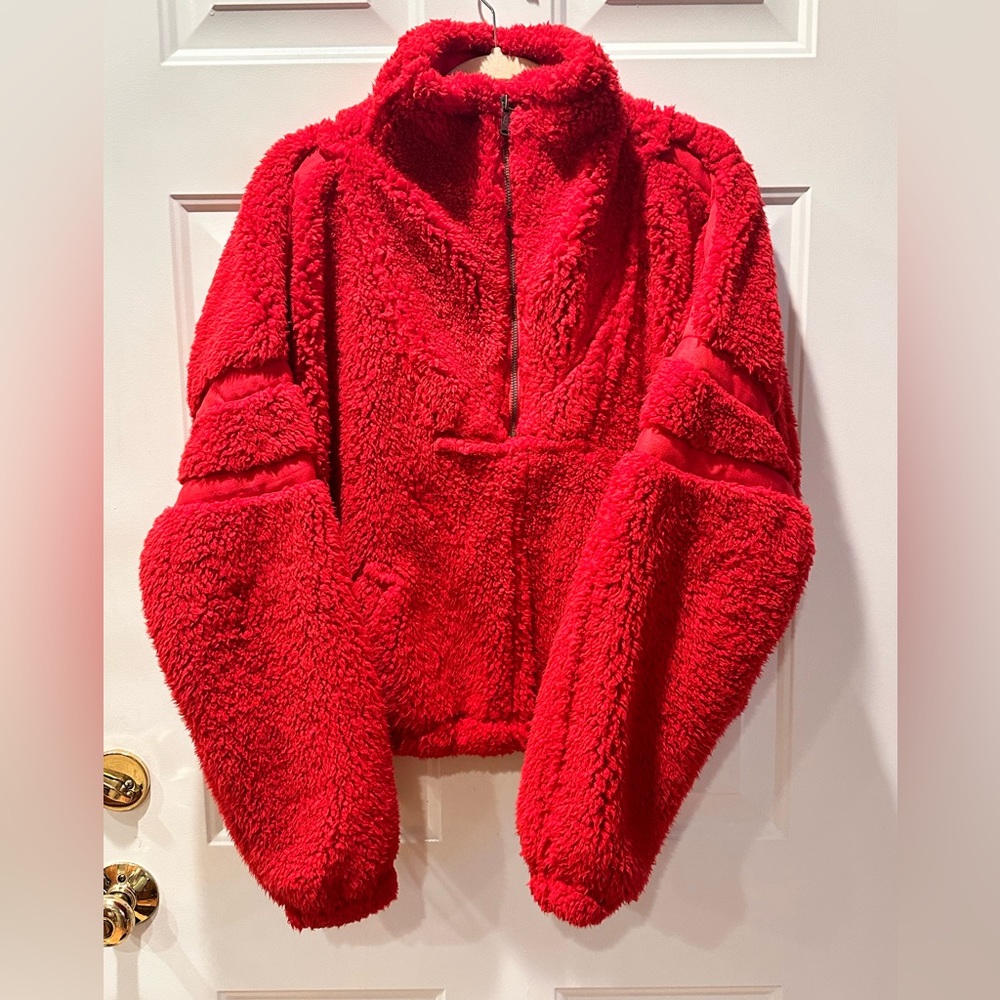 Free People Red Sherpa Zippered Jacket - Size S
